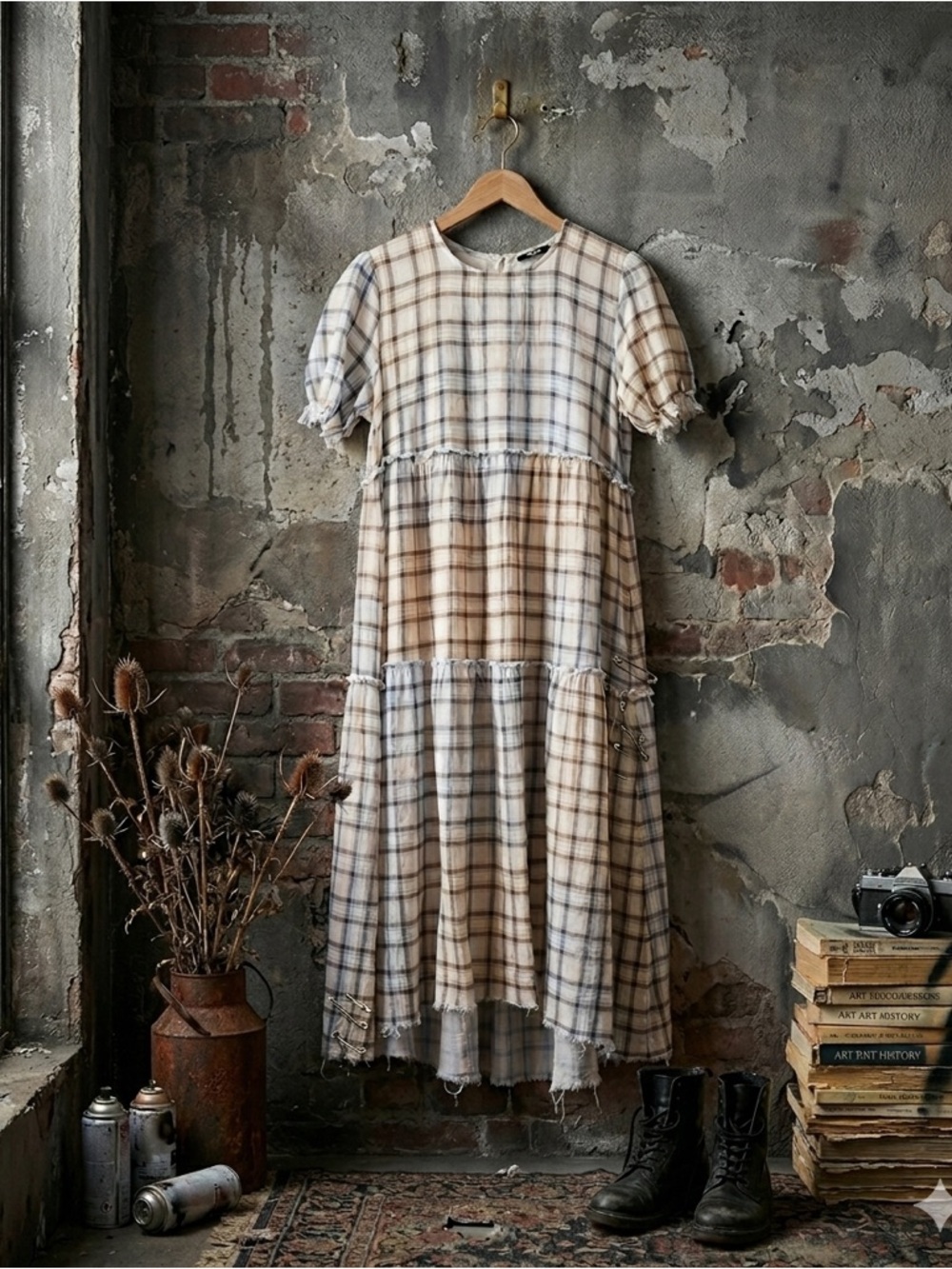 R13 Shredded Relaxed Midi Dress Bleached Light Blue Plaid Italian Cotton NWT XS